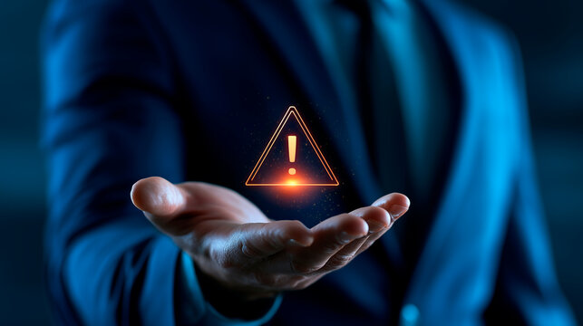 Businessman holding glowing digital warning hazard sign hologram over extended hand for risk management