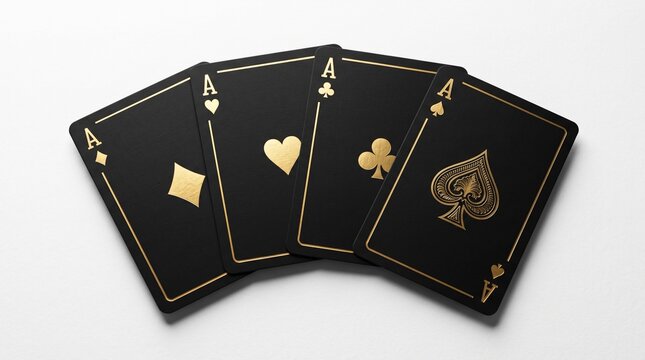 Four luxury black playing cards featuring gold aces&mdash;diamonds, hearts, clubs, and spades&mdash;fanned out neatly against a clean white surface.