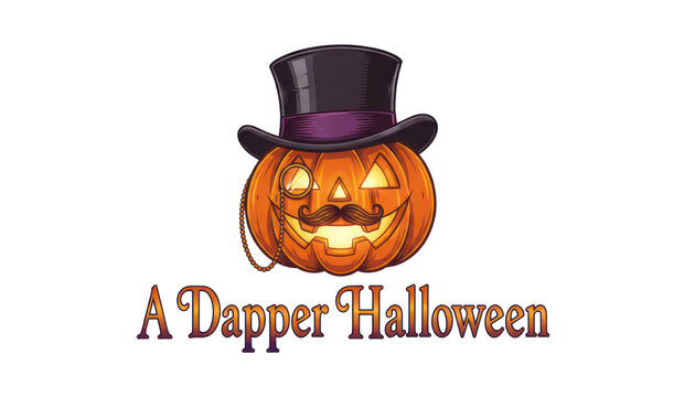 Vintage Halloween pumpkin illustration with top hat, smiling jack o lantern character, A Dapper Halloween lettering for greeting card isolated PNG with Transparent Background