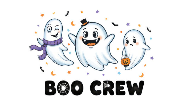 Cute ghost illustration, Halloween boo crew cartoon characters with pumpkin bucket, playful spooky kids party design isolated PNG with Transparent Background