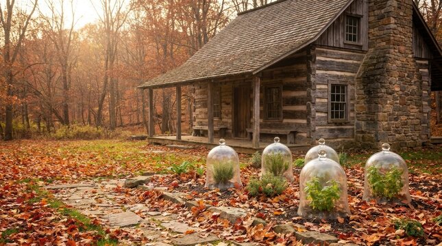 Rustic log cabin with garden plants covered by glass cloche in autumn. Sustainable homesteading lifestyle and self sufficient organic gardening concept for fall season harvest.