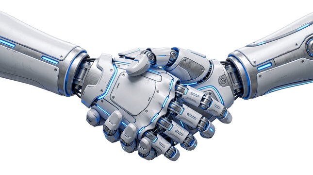 Robotic Handshake Concept, Futuristic AI Hands Shaking Deal, Isolated on Transparent Background