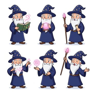 Set of friendly cartoon wizards in blue robes casting spells, reading ancient books, gazing into crystal balls, and holding magical staves.