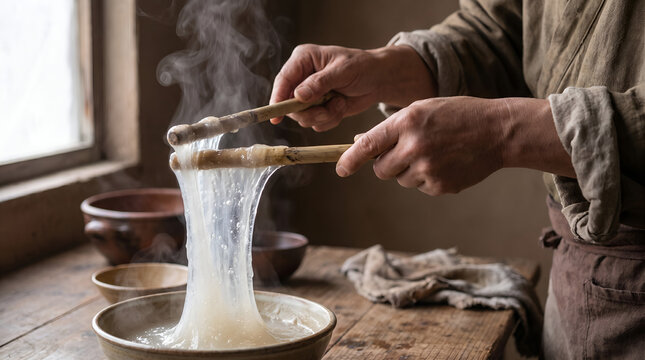 Authentic papeda preparation showing the unique elastic texture during cooking. Ideal for culinary education, tourism promotion, food publications, and Indonesian cuisine marketing.