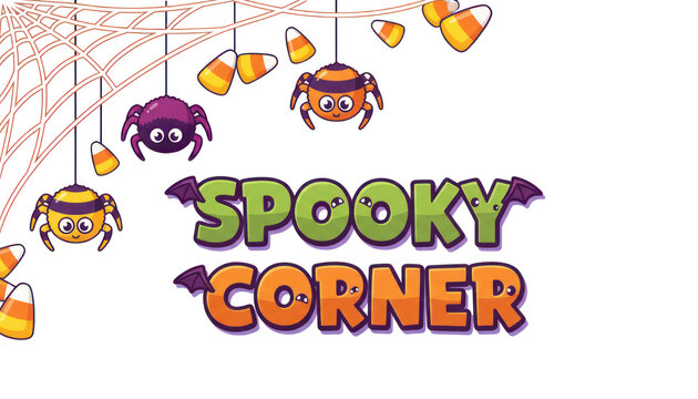 Spooky corner cartoon logo illustration, colorful Halloween text design with cute monsters and candy corn decor isolated PNG with Transparent Background
