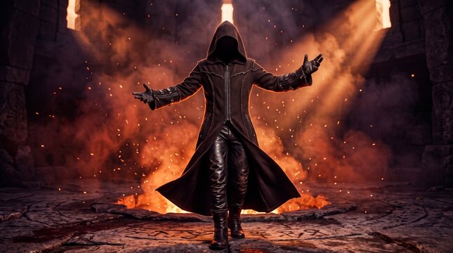 A faceless hooded mage stands with outstretched hands amidst swirling smoke, glowing embers, and fiery light inside an ancient stone sanctuary.