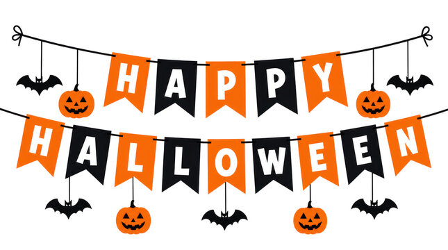 Retro Halloween bunting garland illustration, orange and black pumpkin banner with bats. Happy Halloween party decoration isolated PNG with Transparent Background