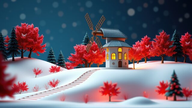 Winter scene depicts cozy windmill nestled amid snowy hills. Red trees provide vibrant contrast against blue night sky. Peaceful, serene.