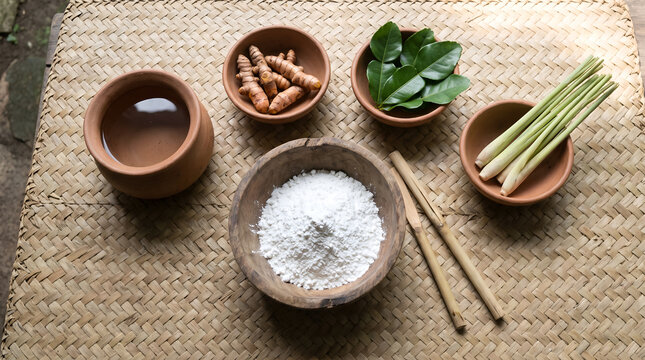 Traditional papeda preparation ingredients arranged in a clean flat lay. Suitable for recipe books, culinary education, Indonesian food promotion, and commercial food branding.