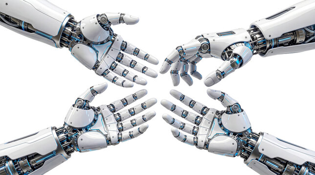 Robotic Hands Reaching to Center, AI Teamwork and Collaboration Concept, Isolated on Transparent Background