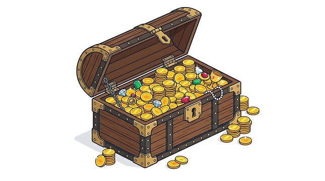 Wooden Treasure Chest Overflowing with Gold Coins and Jewels Isolated on White Background in Isometric View