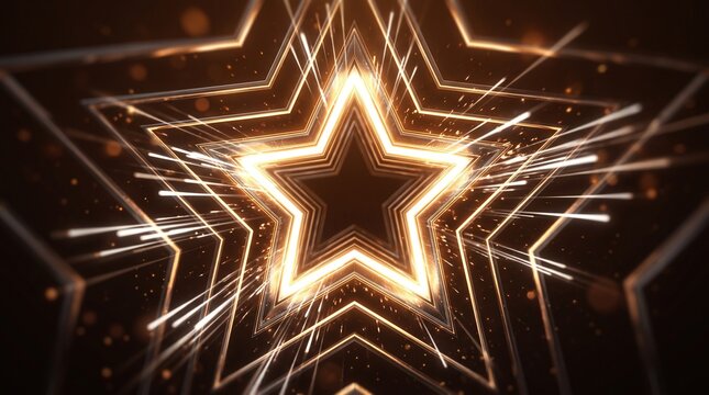 Radiant gold glowing star outlines burst with energy and sparkling lights in a futuristic tunnel effect.