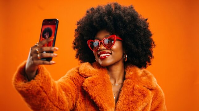 Stylish Black woman in a fluffy orange fur coat and red heart-shaped sunglasses taking a cheerful selfie with her smartphone against a vibrant orange backdrop.
