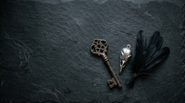 Vintage key bird skull and black feathers on dark stone background