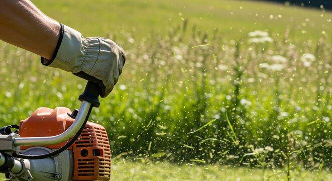 Close-up of a worker holding a lawn trimmer handle while trimming overgrown grass in a lush green field outdoors.