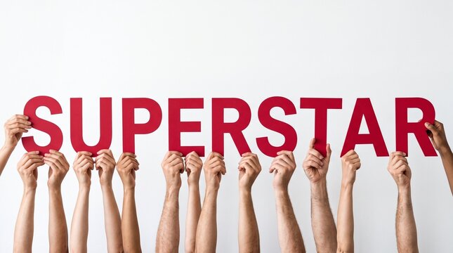Diverse hands hold large red letters spelling "SUPERSTAR" against a clean white background, symbolizing unity, teamwork, and celebrated success.