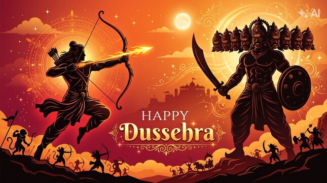 War of Lord Rama and Ravana Happy Dussehra, Navratri and Durga Puja festival of India