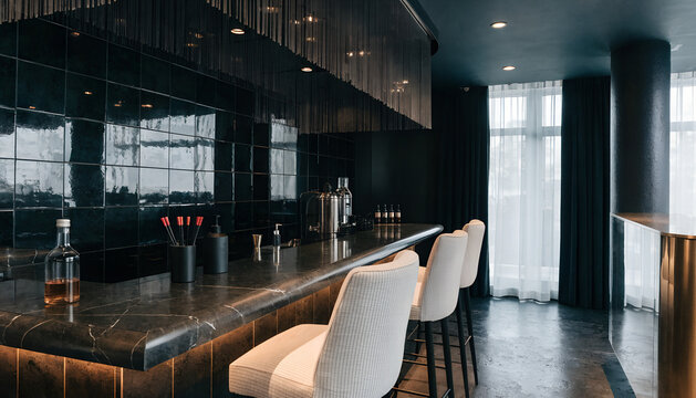 Modern luxury bar interior. Stylish lounge area with marble counter and elegant stools.
