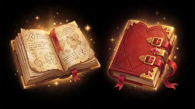 Two magical spellbooks emitting a golden light with glowing sparkles and stars against a dark background.