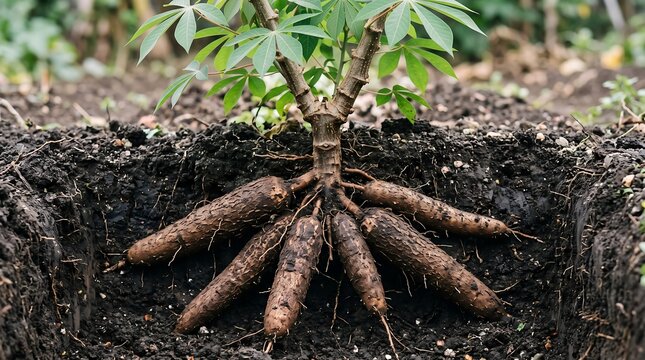 Mature cassava plant with exposed tuberous roots in a cross-section of dark garden soil