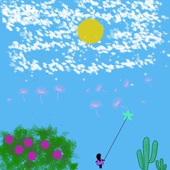 Little Girl Flying a Star Kite Under a Bright Sky