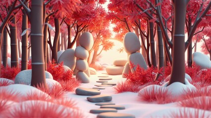 Stylized forest scene. Stone figures line path toward bright sunlit trees. Winter landscape, soft lighting, peaceful mood. © antishock