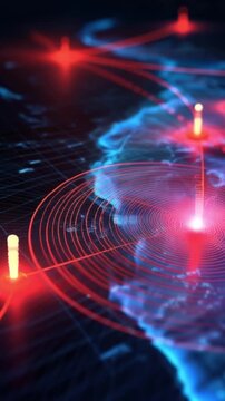 Global network connection visualization with glowing red lines connecting various points on a stylized world map. ..Created with Generative AI, not depicting real subjects.