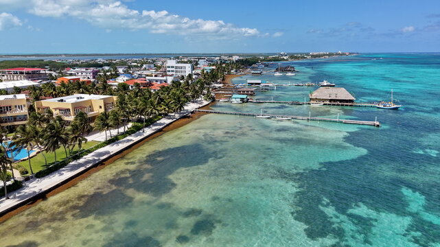 Aerial view of San Pedro town on Ambergris Caye featuring palm trees, turquoise Caribbean waters, wooden piers, and coastal architecture San Pedro, Belize District, Belize.