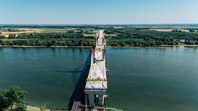 Aerial view of bridge construction over the Danube river in Sremski Karlovci, Vojvodina, Serbia.