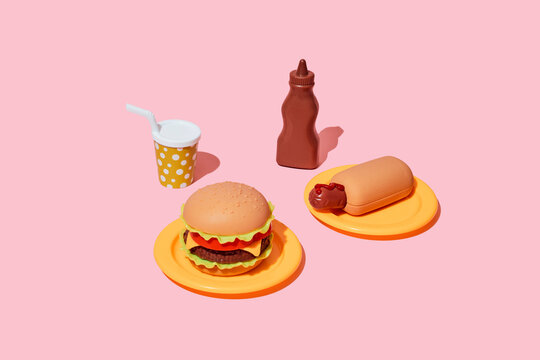 A plastic toy fast food meal sits on a pink background
