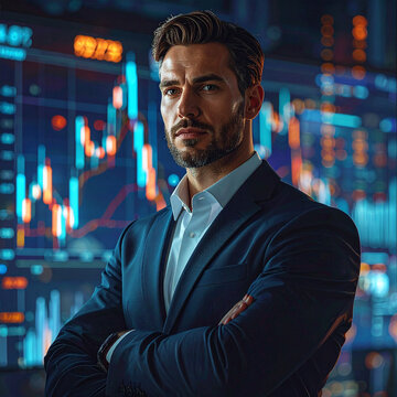 Confident businessman standing in front of financial data screens