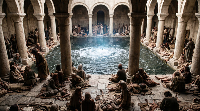 The Angel of the Lord stirring the healing waters at the Pool of Bethesda, while a multitude of sick people wait
