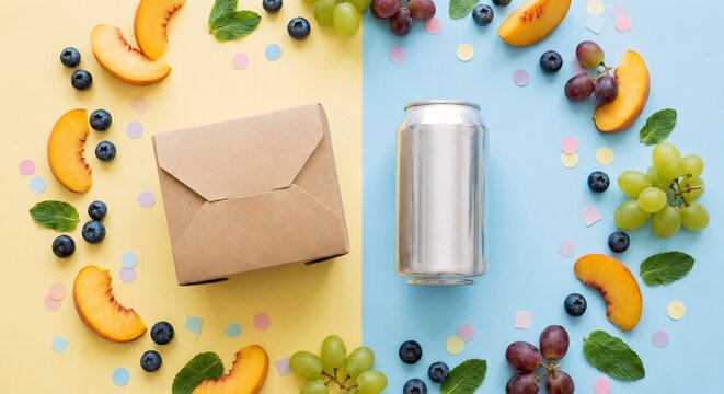 Blank aluminum beverage can and craft paper food box mockup with fresh fruits on split background