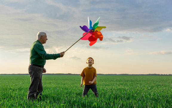 Grandfather and grandson play with a pinwheel in a green field