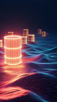 A futuristic, glowing stack of oil drums stands in a vibrant, undulating digital landscape. ..Created with Generative AI, not depicting real subjects.