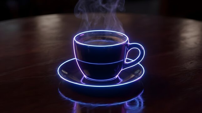 Steaming hot coffee in a futuristic neon glowing cup on a dark wooden table.