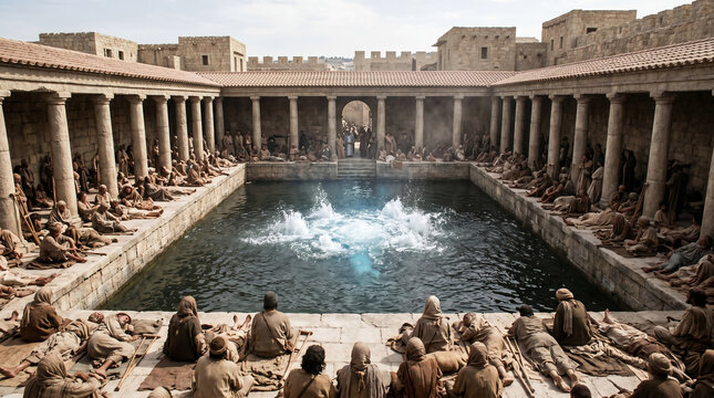 The Angel of the Lord stirring the healing waters at the Pool of Bethesda, while a multitude of sick people wait