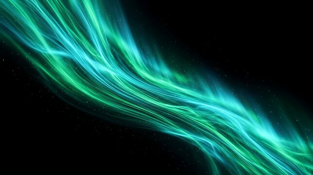 Abstract flowing energy with vibrant turquoise and emerald green light on black background