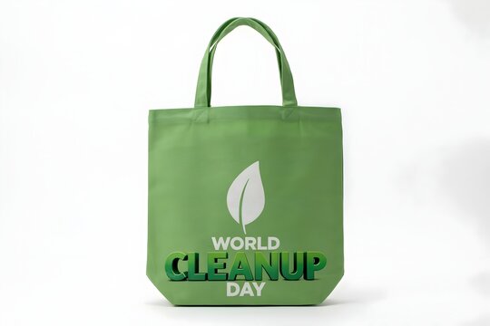 Green fabric tote bag for world cleanup day environmental awareness concept