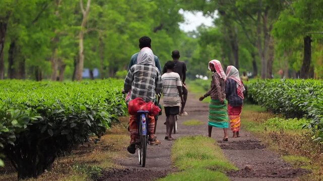 Dibrugarh, Assam, India &ndash; 7 August 2026: Tea garden workers and cyclists travel along a plantation pathway, carrying loads and moving through rows of tea bushes during their daily work.