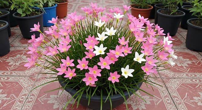 Blooming pink rain lily flowers in black pot, vibrant Zephyranthes rosea garden plant, decorative white fairy lilies in outdoor container