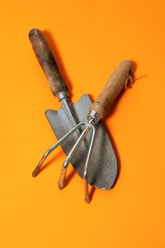Wooden garden trowel and fork lie on an orange background