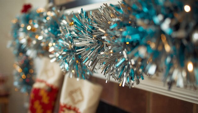 Macro shot of colorful holiday tinsel garland ribbons, bright xmas backdrop wall party decor.