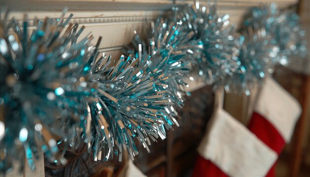 Vibrant Christmas fringe garland decoration close up, shiny winter holiday slinger wall ornament.