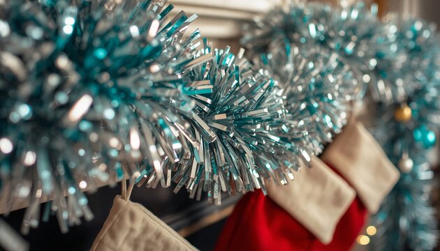 Close up of colorful Christmas tinsel garland on wall, festive metallic fringe ribbon background.