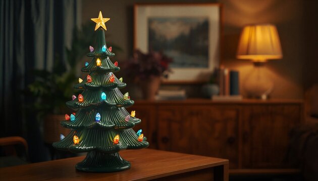 Miniature Christmas tree with colorful lights and gold star topper, cozy holiday room decor background.