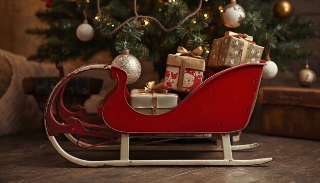 Cozy Christmas room decoration with Santa sleigh, gift boxes, and lit miniature xmas tree background.