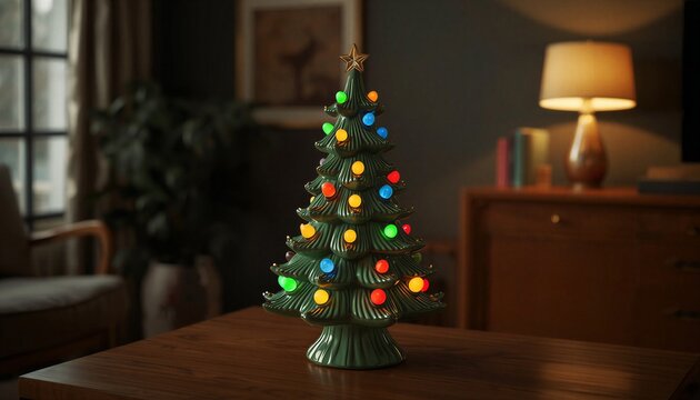 Miniature Christmas tree with colorful lights on table.