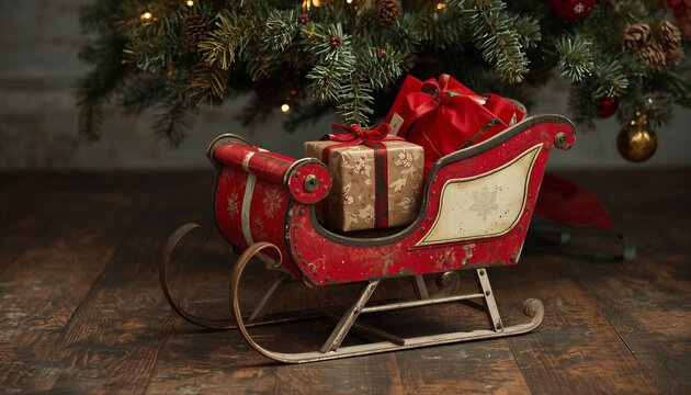 Red Santa Claus sleigh with wrapped gift boxes in Christmas decorated room, festive holiday background banner.