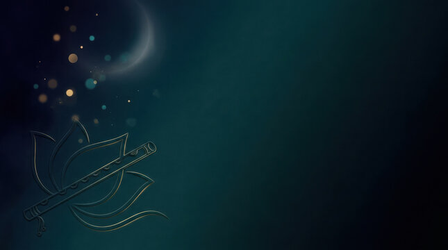 Dark teal background, with glowing lotus, flower outline and, bamboo flute with, generated using ai